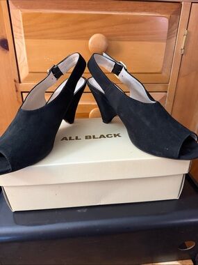 All Black Women's Black Suede Slingback Peep-Toe Heels